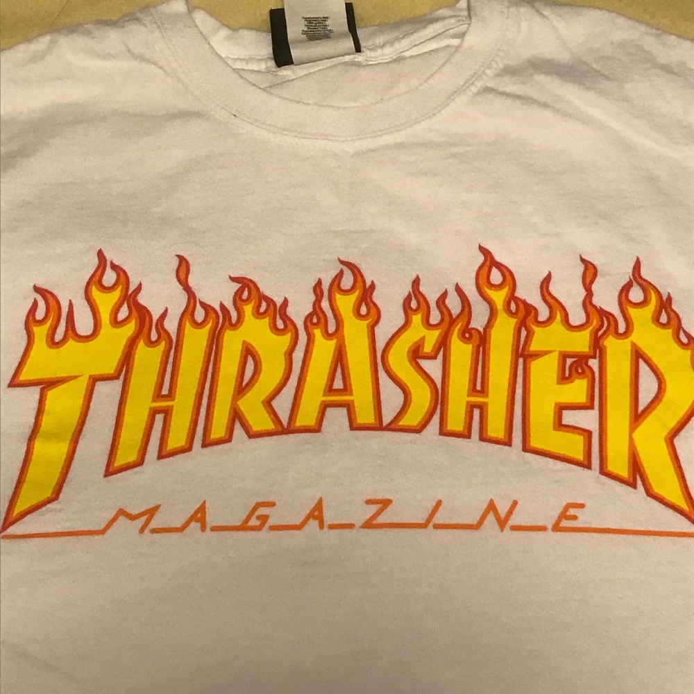 Thrasher white Shirt with yellow,red,orange flames